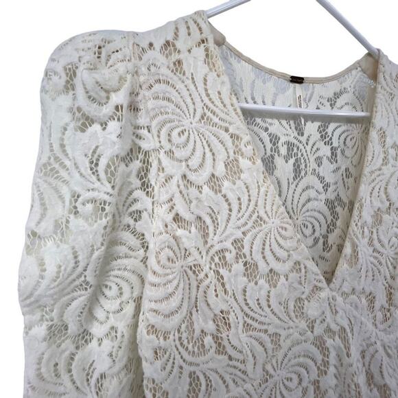 Free People Size Medium Cream Dress Full Lace Long Puff Sleeves Sheer Back - Picture 5 of 5